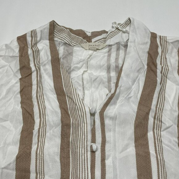 Sim Sam Blouse Women Size L Vneck Stripe Beige Button Hippie Relax Loose Comfy - Picture 5 of 10